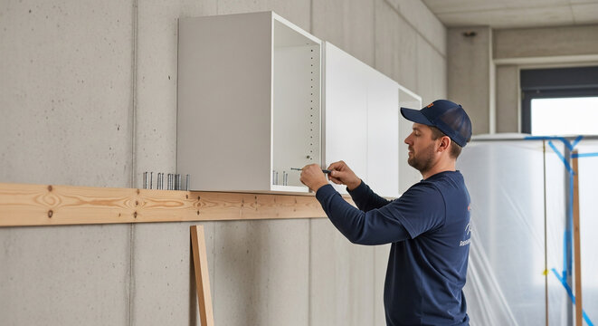 Man installing white wall cabinets in a room