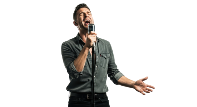 Man singing into microphone with passion isolated PNG with Transparent Background