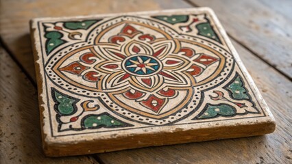 palestinian tradition Intricately designed tile with colorful patterns resting on rustic wooden surface.