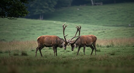 Two stags clash in a green meadow showcasing nature and animal behavior