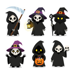 Cartoon Grim Reapers in Black Robes for Halloween.