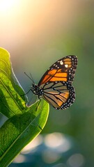 Monarch butterfly perched on a leaf, bathed in sunlight