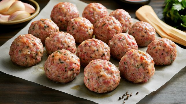 Freshly prepared meatballs arranged on parchment with herbs and spices nearby