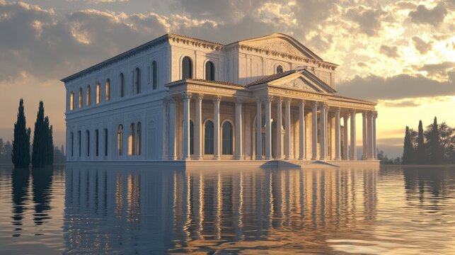 Submerged Neoclassical Mansion at Sunset