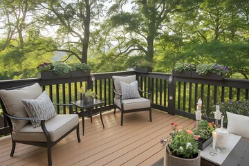 Obraz premium Relaxing Outdoor Deck Area with Comfortable Seating and Lush Greenery Offering a Cozy Retreat