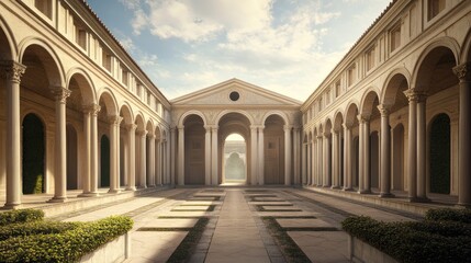 Fototapeta premium Classical Architecture Courtyard: A Digital Rendering of Elegant Columns and Arches