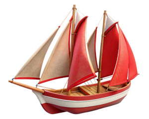 Classic Wooden Sailboat Illustration with Red and White Sails Ready for a Voyage across the Sea