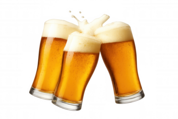 Three beer glasses clinking for a party toast, splashing foam and celebrating friendship with refreshing alcohol