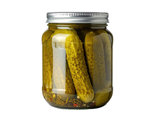 A clear jar with pickles in a brine, tightly sealed with a silver lid