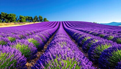 Naklejka premium Rows of Vibrant Purple Lavender Blossoms in Full Bloom Under Clear Blue Sky in Rural Setting