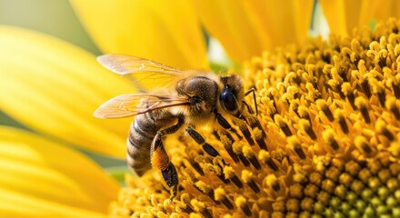 Busy Honeybee Collecting Pollen on a Vibrant Summer Sunflower