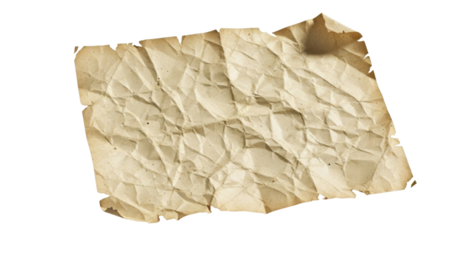 Old crumpled paper sheet texture background isolated PNG with Transparent Background