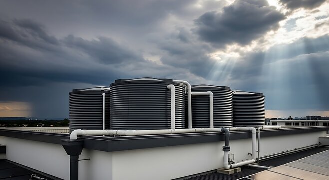 Rooftop Rainwater Harvesting Tanks Under Dramatic Sky with Sun Rays