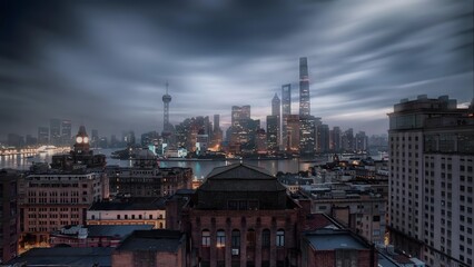 Shanghai Urban Skyline at Dusk with Dramatic Cloudy Sky and Illuminated Skyscrapers Architecture Photography