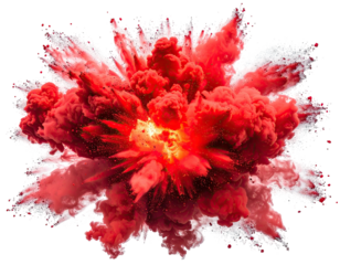 A vivid explosion of red and white smoke against a black background, fiery center