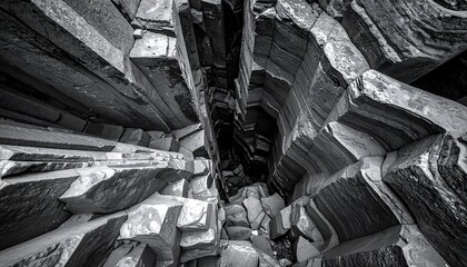 Dramatic Black and White Cave Entrance with Geometric Rock Formations.