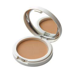 Compact powder, light beige tone, open lid, circular mirror