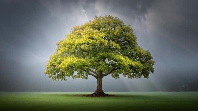 Lonely tree standing on vast grassy meadow under dramatic cloudy sky with rays of sunlight Scenic View Version 1