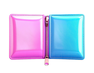 Glossy pink and blue wallet with zipper down the middle, isolated on black