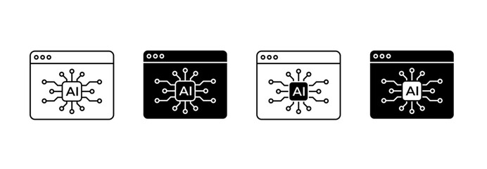 Browser window with AI Icon Set. Artificial Intelligence technology symbols for mobile apps. Vector Illustration