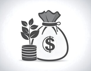 Money bag, plant, coins.  Simple graphic