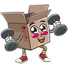 cute cardboard box mascot character vector illustration isolated doing barbell lifting workout, work of hand drawn