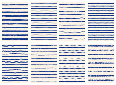 Sailor vest stripes vector backgrounds collection. Hand brush crayon chalk drawn textured distressed uneven doodle grunge rough wavy blue stripes streaks bars strokes. Retro striped patterns set