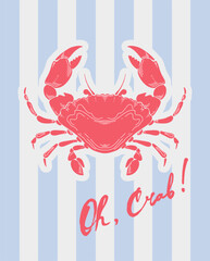 Crab or crayfish Vintage Coastal Italian print. Minimalist hand drawn poster. Seafood shop logo, signboard, restaurant menu, fish market, banner. Mediterranean vintage summer card. Sicilia sea market