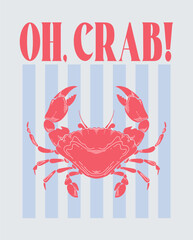Crab or crayfish Vintage Coastal Italian print. Minimalist hand drawn poster. Seafood shop logo, signboard, restaurant menu, fish market, banner. Mediterranean vintage summer card. Sicilia sea market
