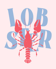 Lobster or crayfish Vintage Coastal Italian print. Minimalist hand drawn poster. Seafood shop logo, signboard, restaurant menu, fish market, banner. Mediterranean vintage summer card.