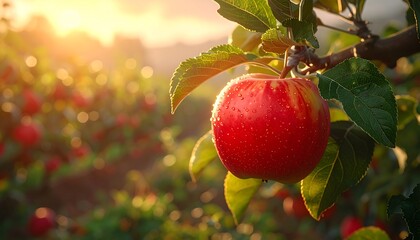 Ripe Red Apple on Branch, Dew Drops, Golden Sunrise Orchard Glow.