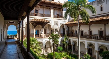 Historic palace courtyard with intricate architecture and a view of the sea.
