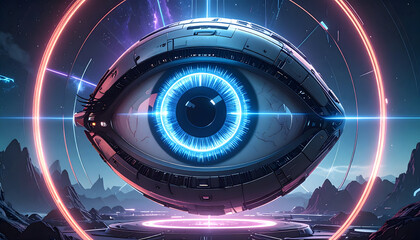 Futuristic eye with neon rings and a metallic shell, hovering over a landscape.