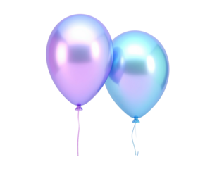 Two iridescent balloons, pink and blue, floating together, isolated on black