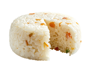 Close-up of a steamed rice cake, with a slice taken out, showing colorful bits