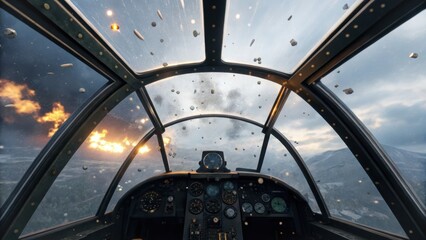 modern air combat uk Cockpit view of a vintage aircraft with rain droplets and dramatic clouds during flight.
