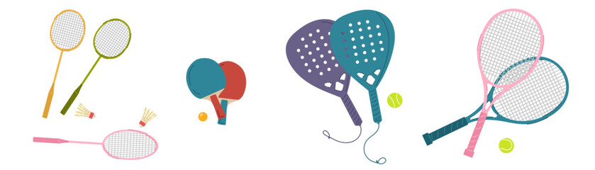 Cartoon Racket Sports Set with Tennis, Padel, Badminton and Table Tennis Equipment in Vector Illustration