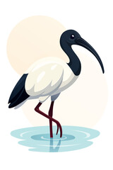 Exotic Black and White Ibis Bird Standing in Water with Reflection in Gradient Vector Style