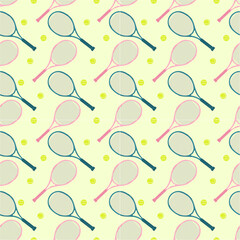 Seamless Pattern with Tennis Rackets and Balls in Flat Cartoon Illustration