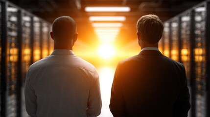 Two men, viewed from the back, stand in a server room aisle with bright orange glowing racks, looking ahead.