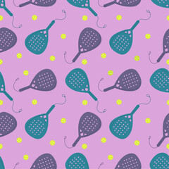 Seamless Pattern with Padel Rackets and Balls in Cute Cartoon Vector Style