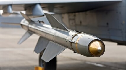 Obraz premium modern air combat uk Military missile mounted on aircraft, showcasing its sleek design and readiness for action.