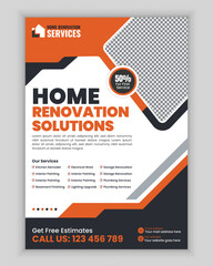 Home renovation and repair services flyer and poster design template for remodeling, carpentry, plumbing, electrician, flooring, painting, roofing, and maintenance advertisement layout.