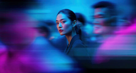 Confident Asian businesswoman in blazer in focus as neon crowd streaks by in blue and pink