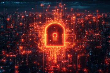 Digital lock symbolizing cybersecurity amidst a futuristic city skyline at night