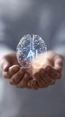 Businessman holding a glowing polygonal brain with ai text representing artificial intelligence, machine learning, and neural network concepts