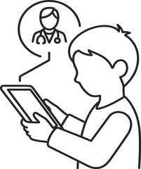 Pediatric telemedicine outline icon, child consulting doctor on video call, online healthcare service, virtual medical consultation