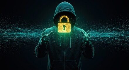 An anonymous figure presents a golden lock, symbolizing encryption.