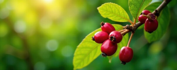 Bright coffee berries on branch, lush plantation , leaves, coffee beans, sunlight