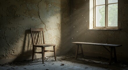Empty room interior with sunlight through window and rustic wooden furniture